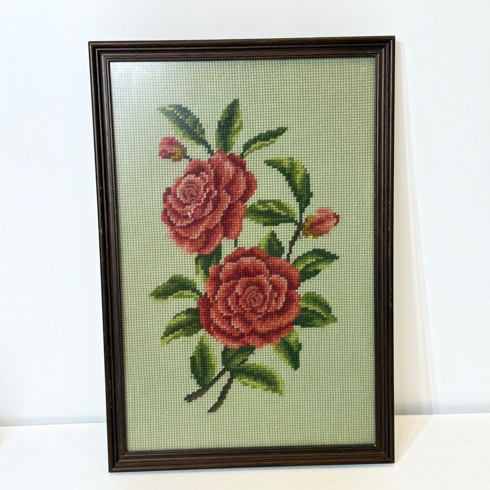 Vintage Framed Finished Needlepoint Roses 16.5" x 11.5"